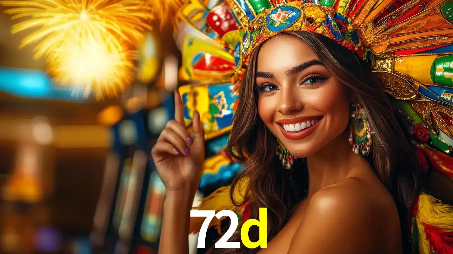 Mulher sorridente com um cocar de carnaval vibrante e colorido, celebrando uma grande vitória nos jogos do cassino 72d com fogos de artifício ao fundo.