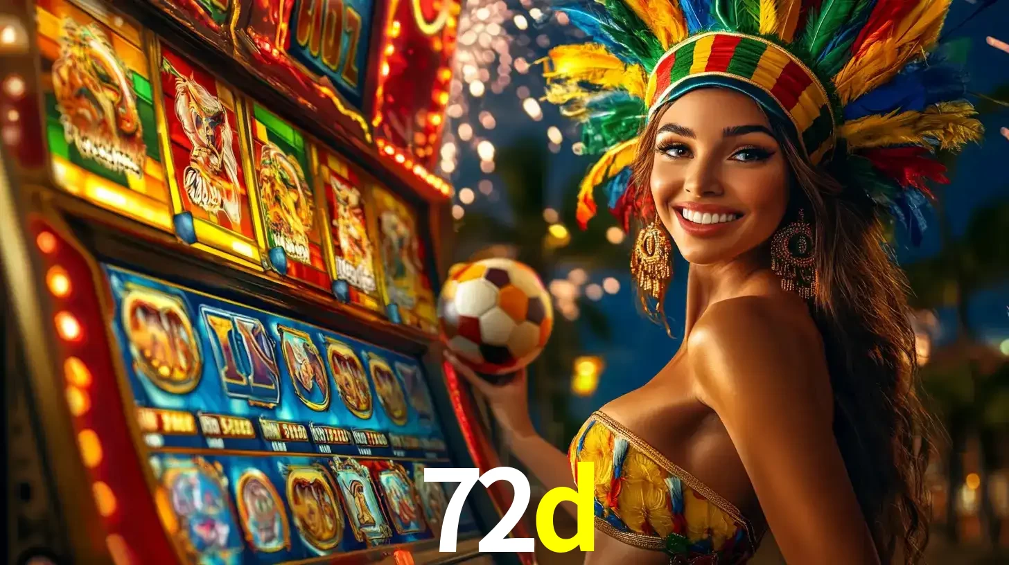 Mulher com um cocar de carnaval ao lado de uma máquina de caça-níqueis enquanto segura uma bola de futebol, mostrando a união da diversão de cassino e esportes no 72d.