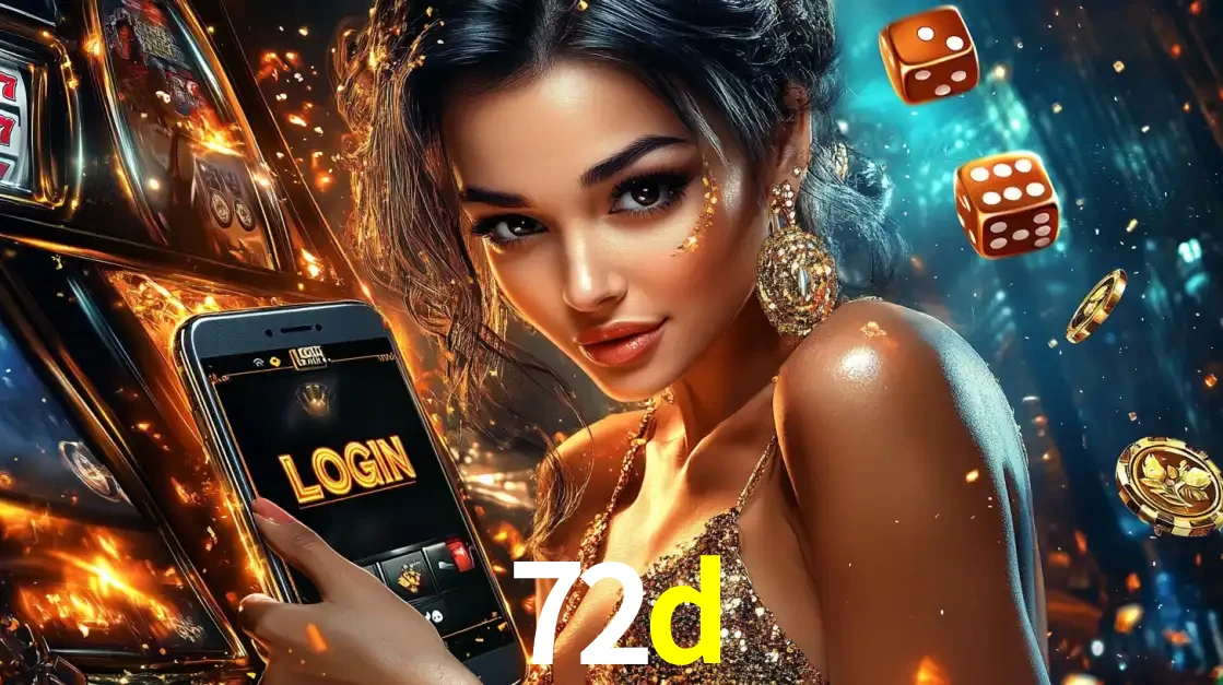 Mulher glamourosa segurando um celular com a tela de login do cassino 72d, rodeada por dados e moedas douradas, pronta para começar a diversão.