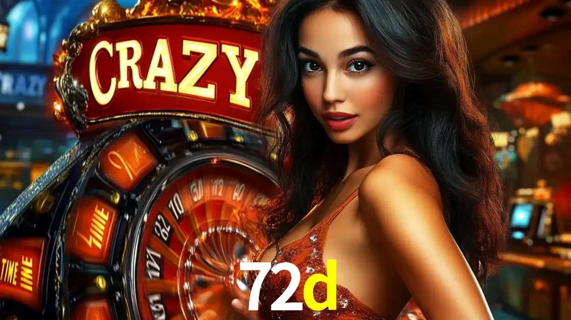 Mulher glamourosa olhando para a câmera com a roda vermelha do Crazy Time ao fundo em um ambiente de cassino, destacando a emoção dos jogos ao vivo no 72d.