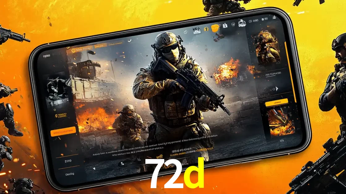 Um smartphone exibindo a interface de um jogo de tiro em primeira pessoa, com um soldado em um cenário de batalha, representando a ação dos e-sports para apostar no 72d.