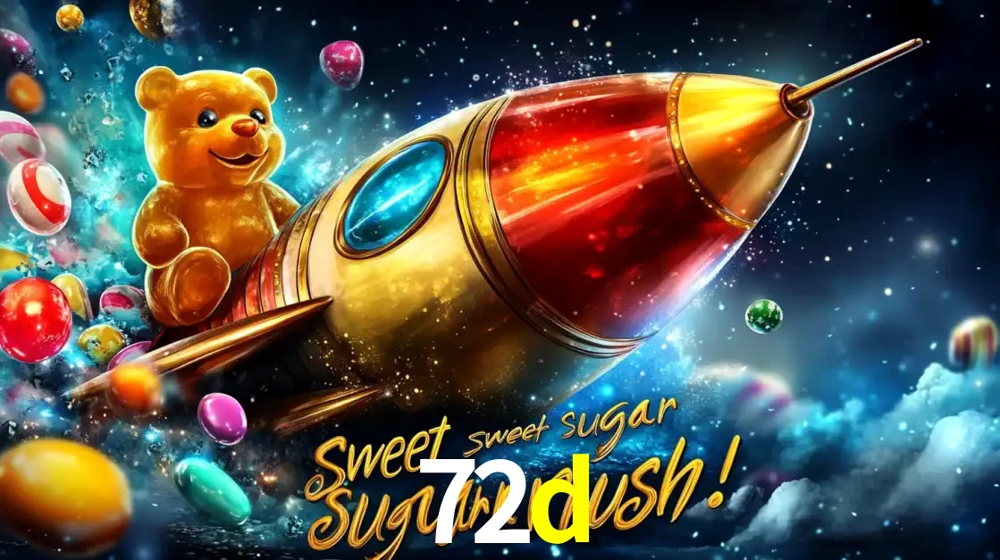 Arte promocional do jogo de slot Sugar Rush, com um urso de pelúcia em um foguete viajando pelo espaço de doces, um dos jogos divertidos disponíveis no cassino 72d.