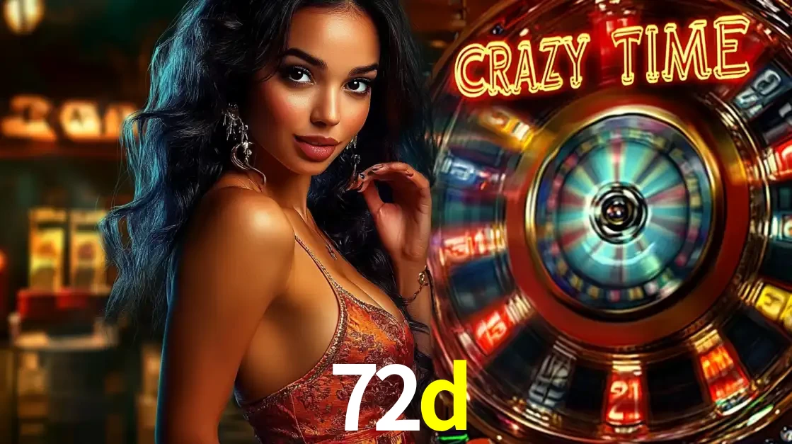 Mulher elegante ao lado da vibrante roda da fortuna do jogo de cassino ao vivo Crazy Time, um dos game shows mais populares e cheios de prêmios do 72d.