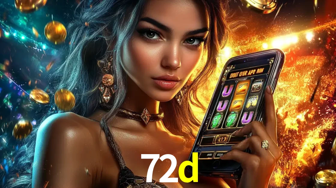 Mulher elegante mostrando um jogo de caça-níqueis em seu smartphone, destacando a experiência de cassino móvel oferecida pelo aplicativo 72d.