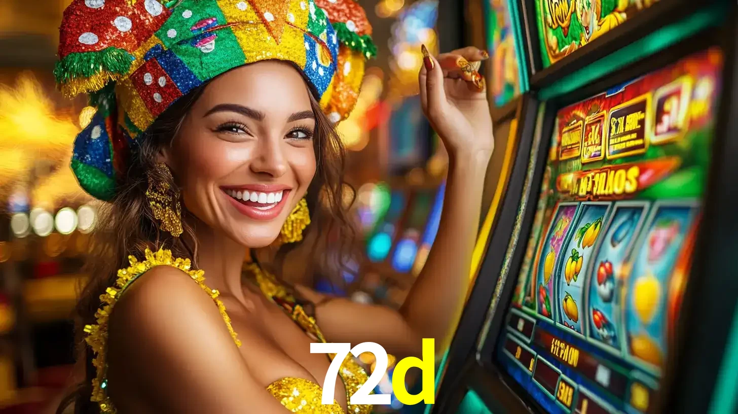 Mulher feliz com traje de carnaval amarelo e colorido ao lado de uma máquina de caça-níqueis, aproveitando a diversão e os jogos temáticos do cassino 72d.