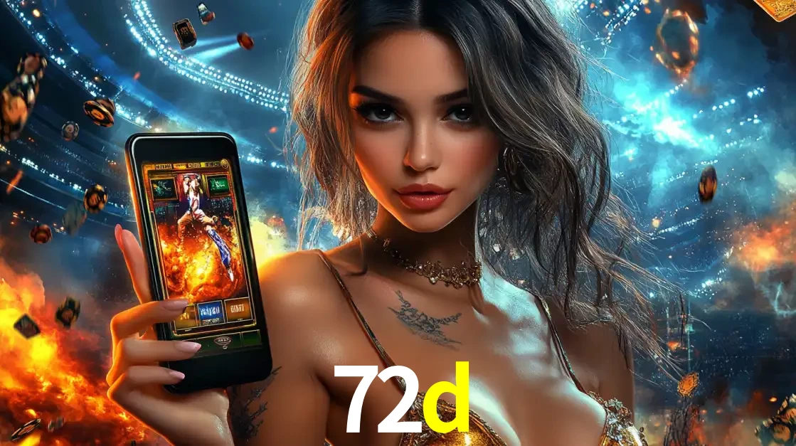 Mulher segurando um celular com um jogo de slot em destaque, tendo como fundo um estádio vibrante, simbolizando a emoção de jogar no cassino móvel 72d.