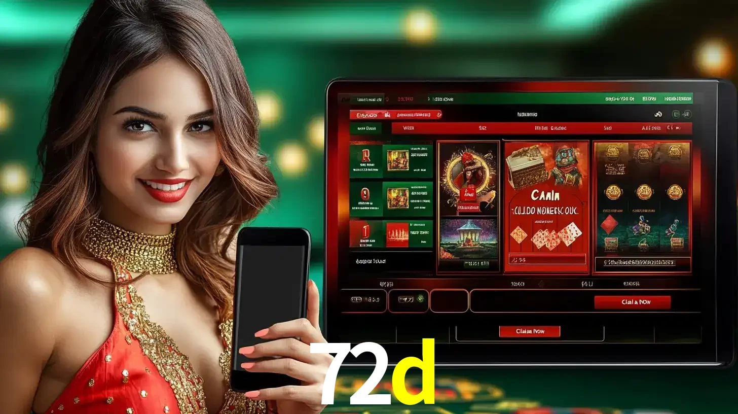 Mulher sorridente segurando um smartphone, ao lado de uma tela exibindo o lobby de jogos do cassino online 72d, com várias opções de jogos de cartas e slots.